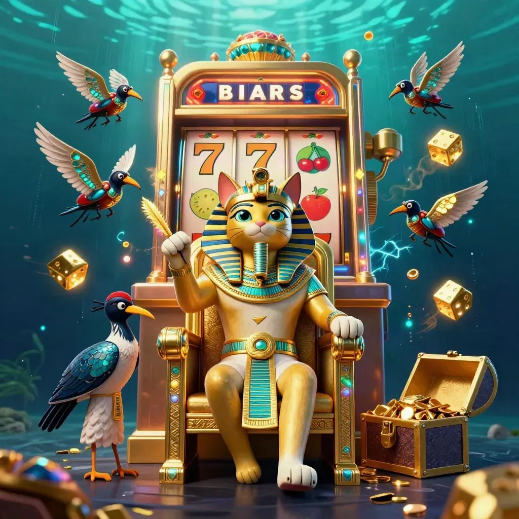 Pharaoh cat king on throne with ibis scribe, scarabs and exploding slot machine in neon casino gold.