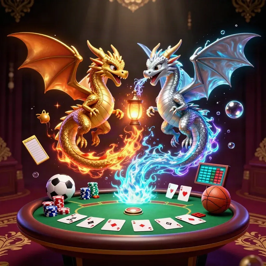 Twin gold and silver dragons spiral over casino game props with neon glow and luxury bokeh.