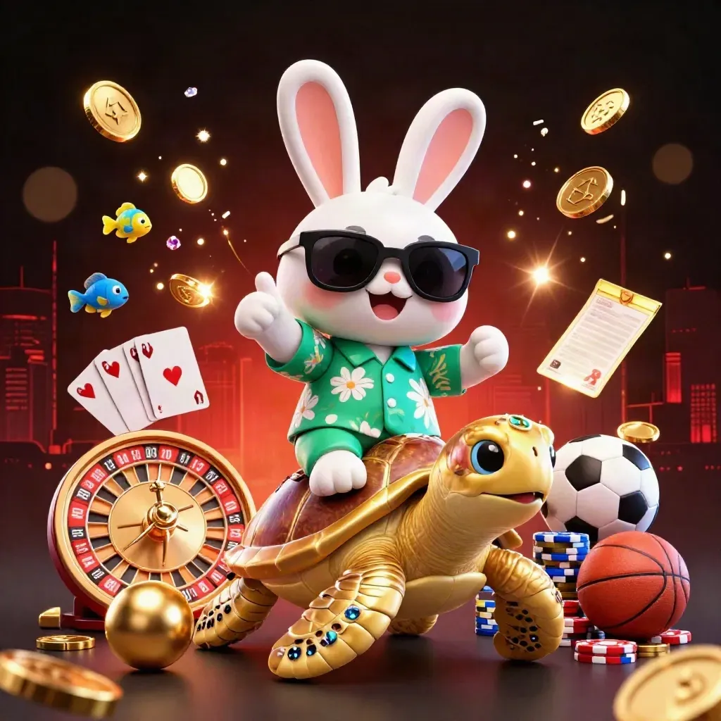 Lucky rabbit on a golden sea turtle with coins, cards, chips, and sports betting icons in neon casino art
