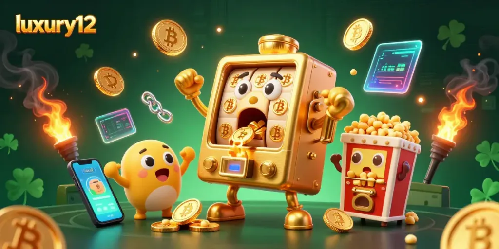 Spin and win with luxury12 in a vibrant 3D casino illustration showcasing slot machines and crypto elements.