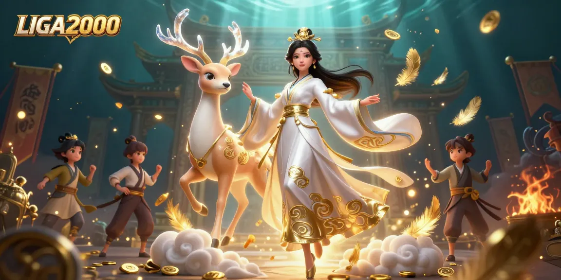 Alami slot LIGA2000 yang hidup dengan karakter menawan di tengah token taruhan emas.