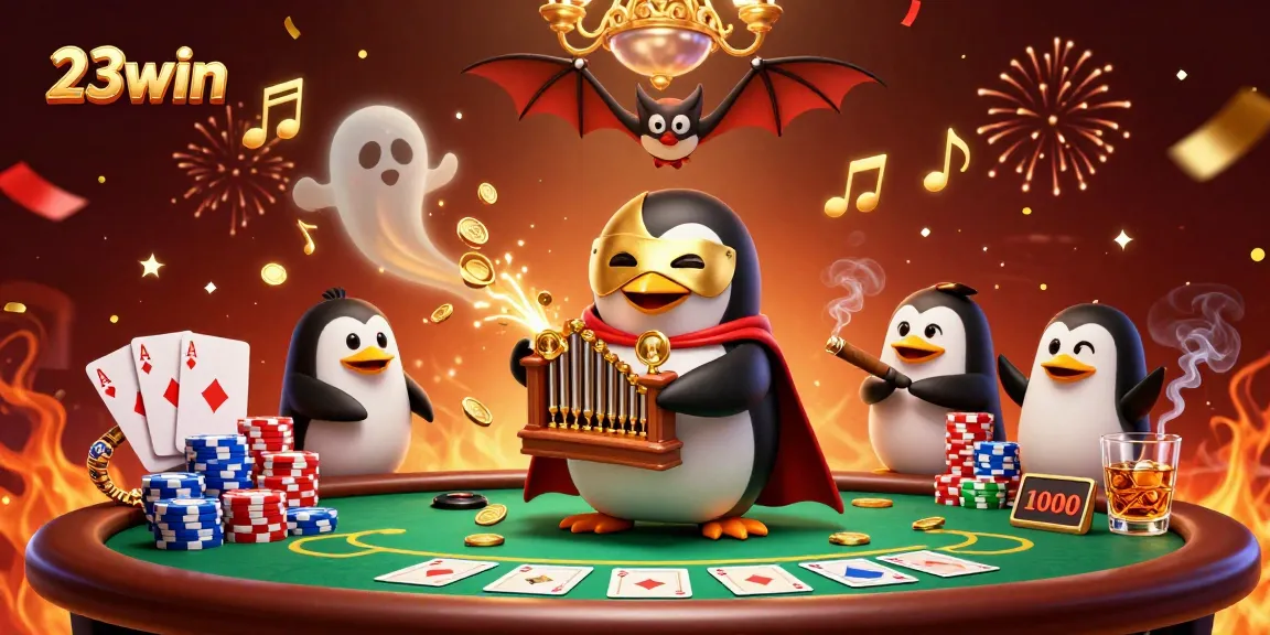 Experience thrilling gaming at 23win with a vibrant casino scene showcasing a penguin and bat.