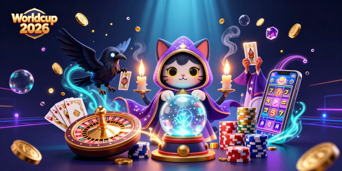 Engage with Worldcup 2026 through a vibrant 3D illustration of a mystic cat and raven amidst casino elements.