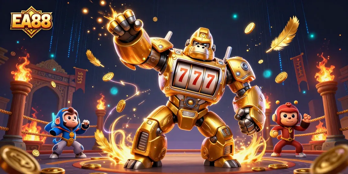 Experience thrilling action with EA88's golden gorilla mech in a vibrant casino setting.
