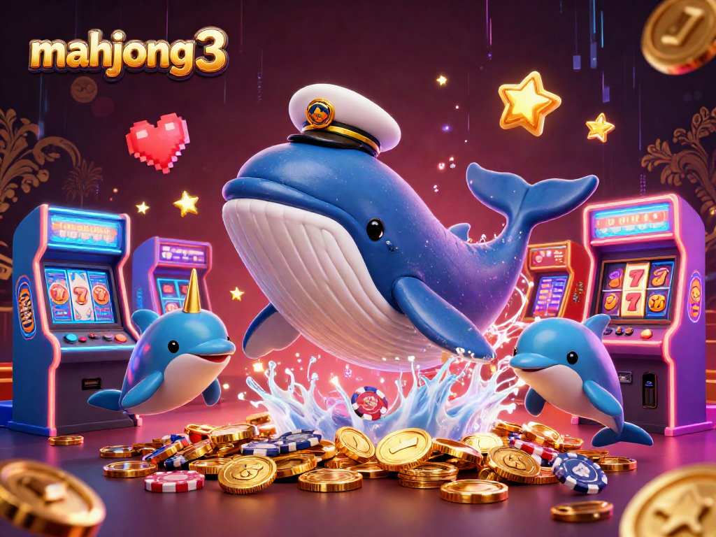 Experience mahjong 3 with vibrant 3D cartoon whale and casino elements for an exciting gameplay atmosphere.