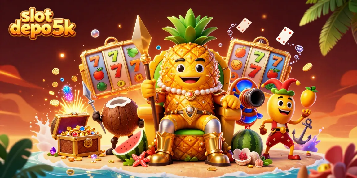 Engage with slot depo 5k through a vibrant casino scene featuring a golden pineapple king and dynamic gameplay elements.