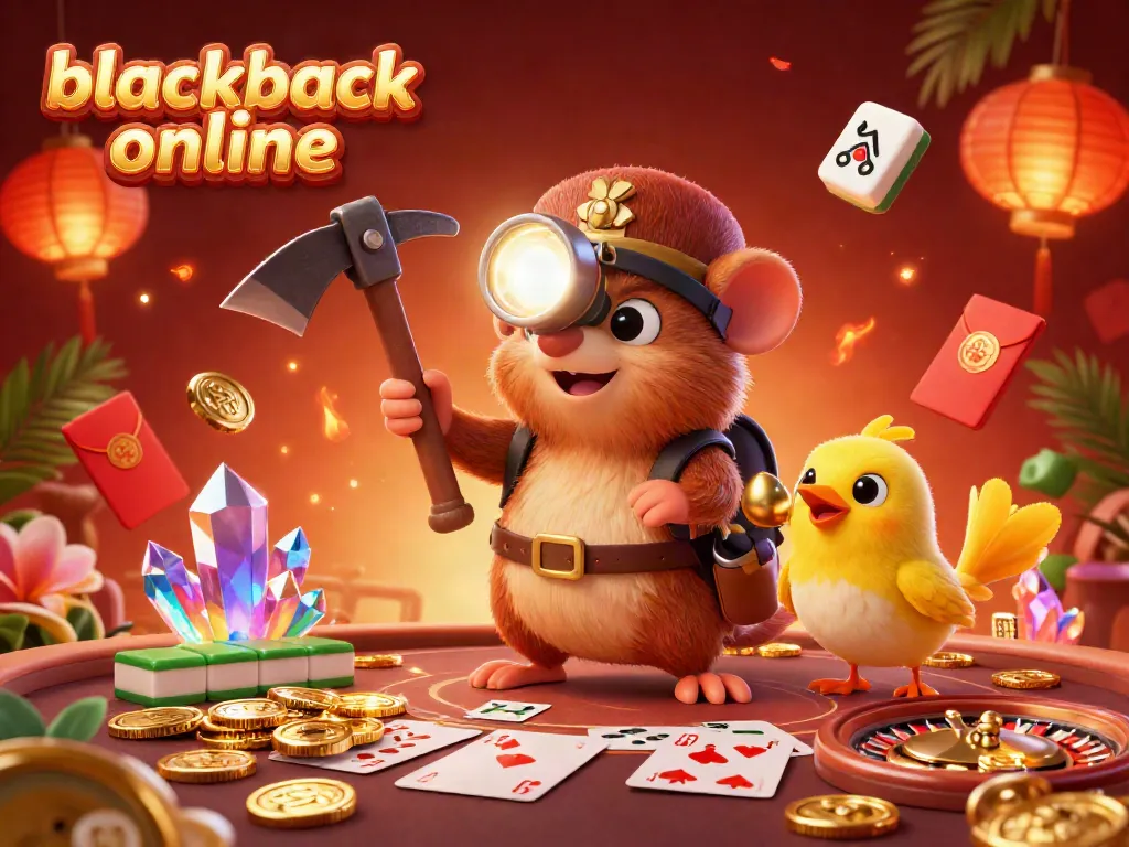 Experience blackjack online with a vibrant illustration of a treasure hunter mole, emphasizing excitement and casino elements.