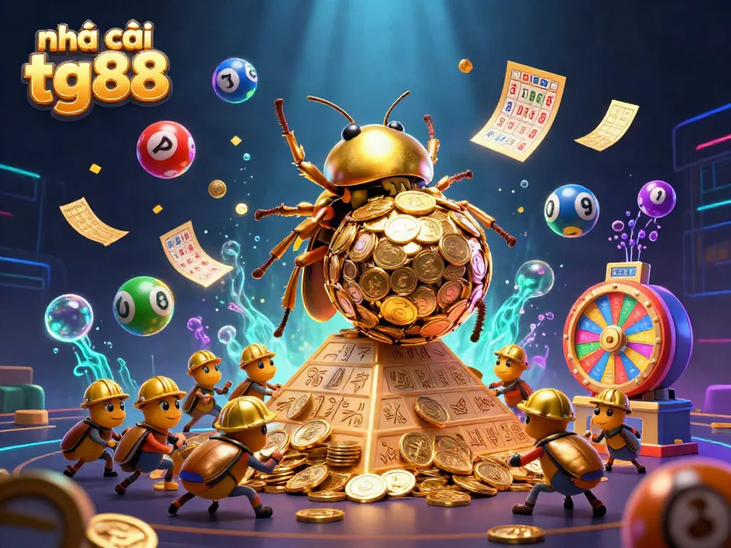 Experience the excitement of Nhà cái tg88 with colorful casino-themed elements and vibrant golden beetles.