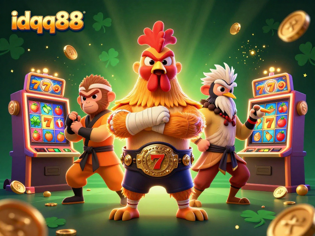 Spin to win at idqq88 with a vibrant scene featuring engaging characters and slot machines.