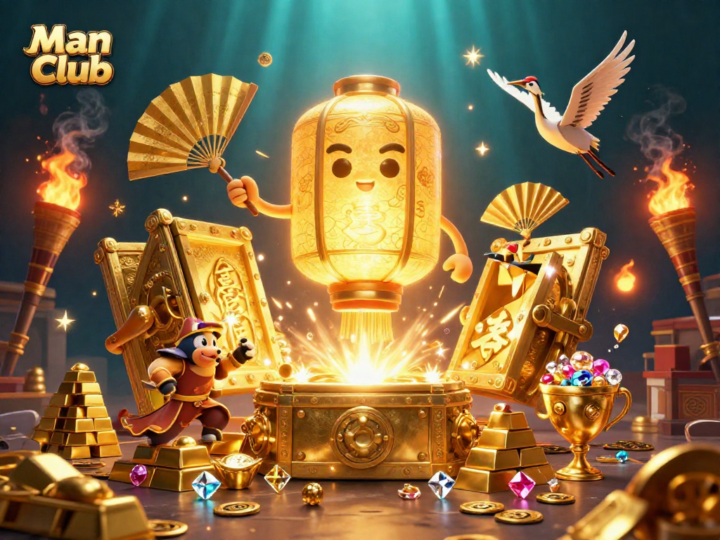 Engage with Man Club's vibrant casino scene featuring glowing lanterns and treasures.