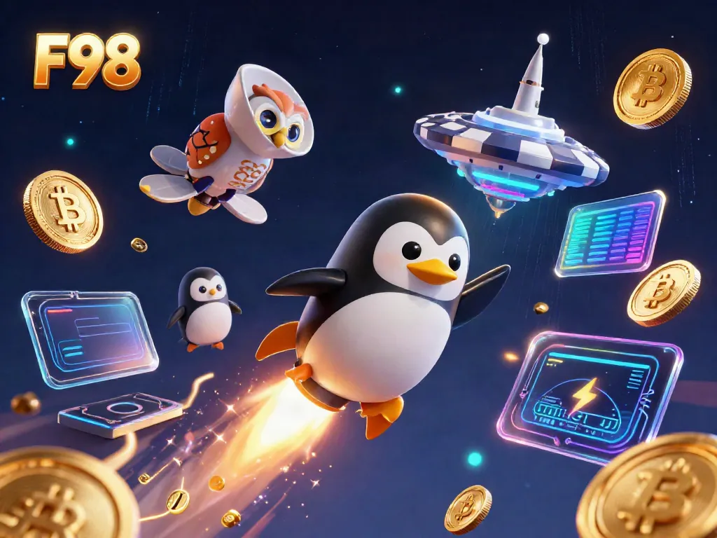 Witness the F98 rocket-powered penguin soaring towards a vibrant casino chip in space.