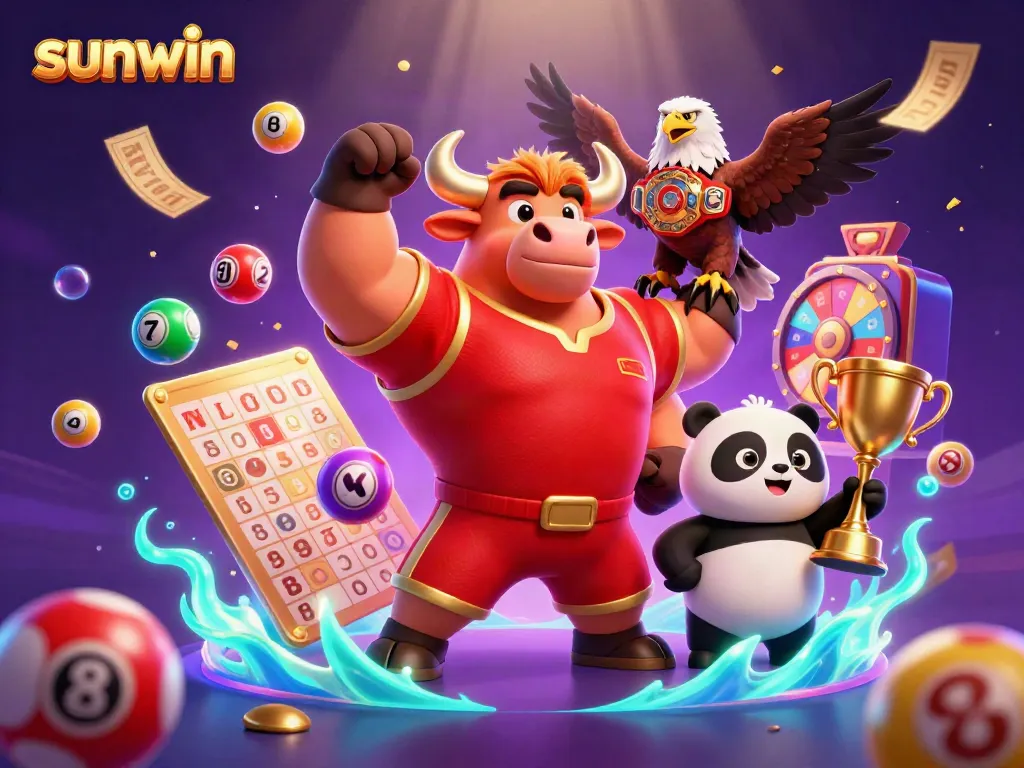 Win big with sunwin as a cartoon bull mascot, eagle, and panda celebrate wealth in a vibrant casino scene.