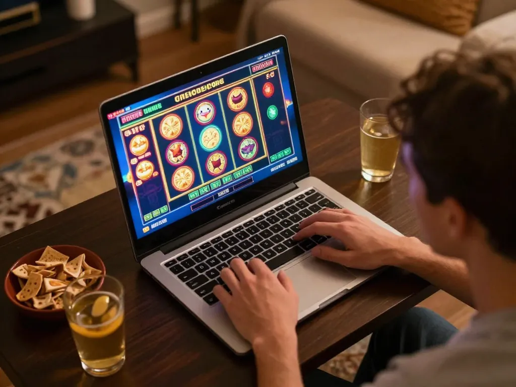 Player enjoying slot games on Jus77 platform from their cozy home setup, showcasing vibrant screen action and relaxed atmosphere.