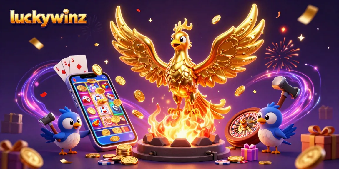 Engage in the thrilling world of luckywinz with a captivating golden phoenix and casino elements showcasing vibrant gameplay.