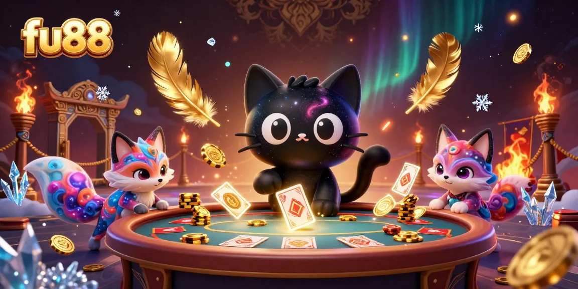 fu88 cat attracts golden chips at a cosmic casino table, showcasing vibrant gambling elements