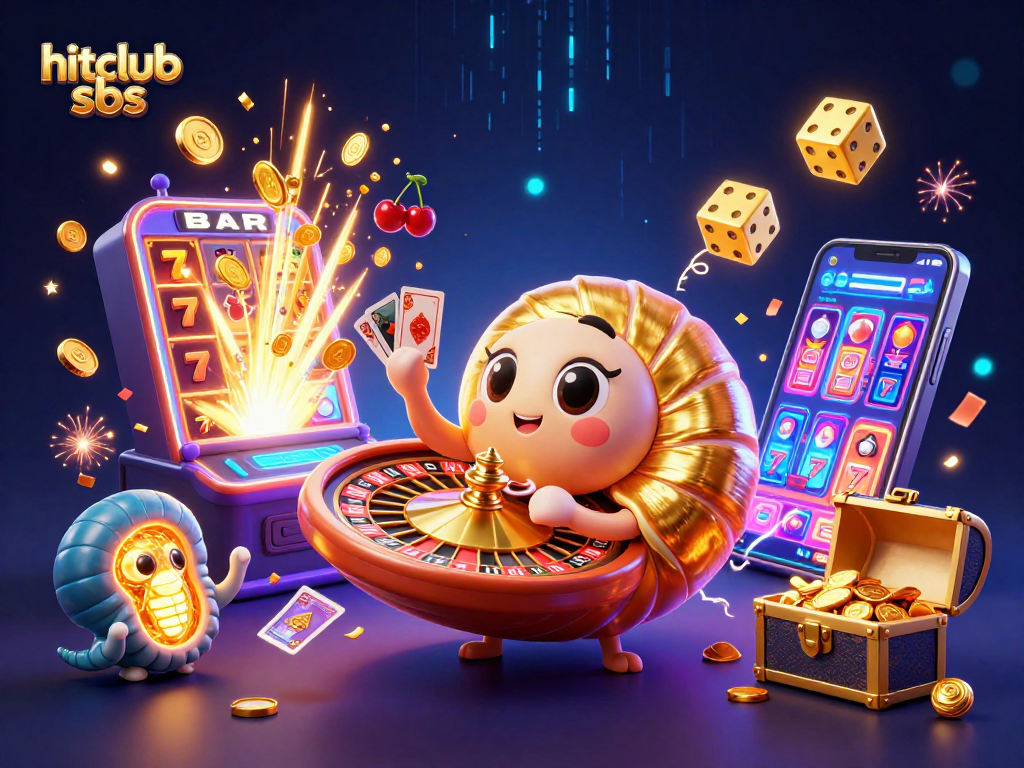 Play thrilling games at hitclub sbs with an exciting 3D casino illustration featuring slots and cards.