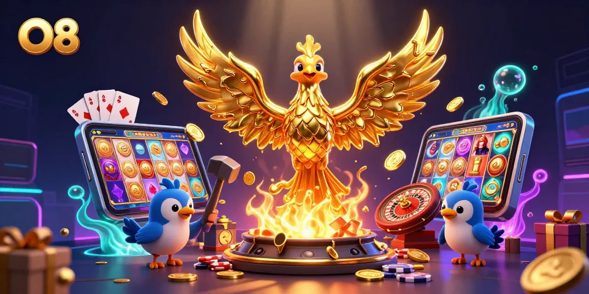 Experience the excitement of O8 with a molten phoenix and vibrant casino elements in action.