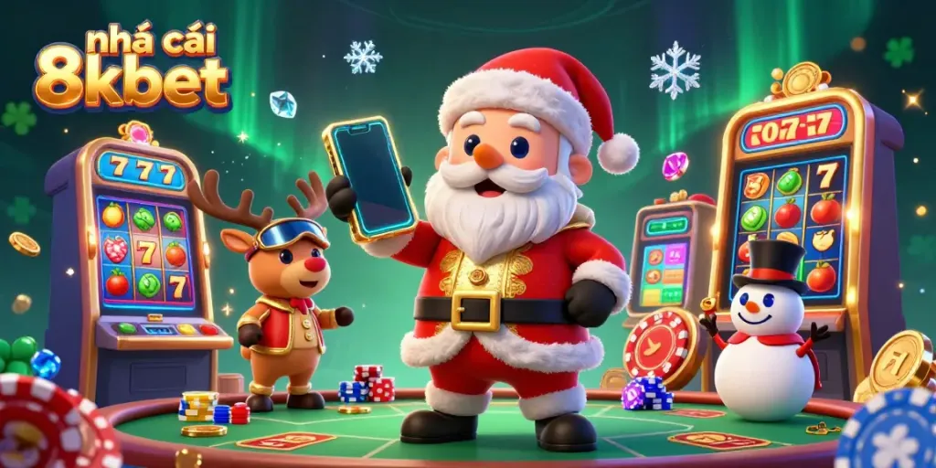 A vibrant scene of friendly characters celebrating at nhà cái 8kbet, showcasing dynamic gambling elements like colorful slot machines and poker games.