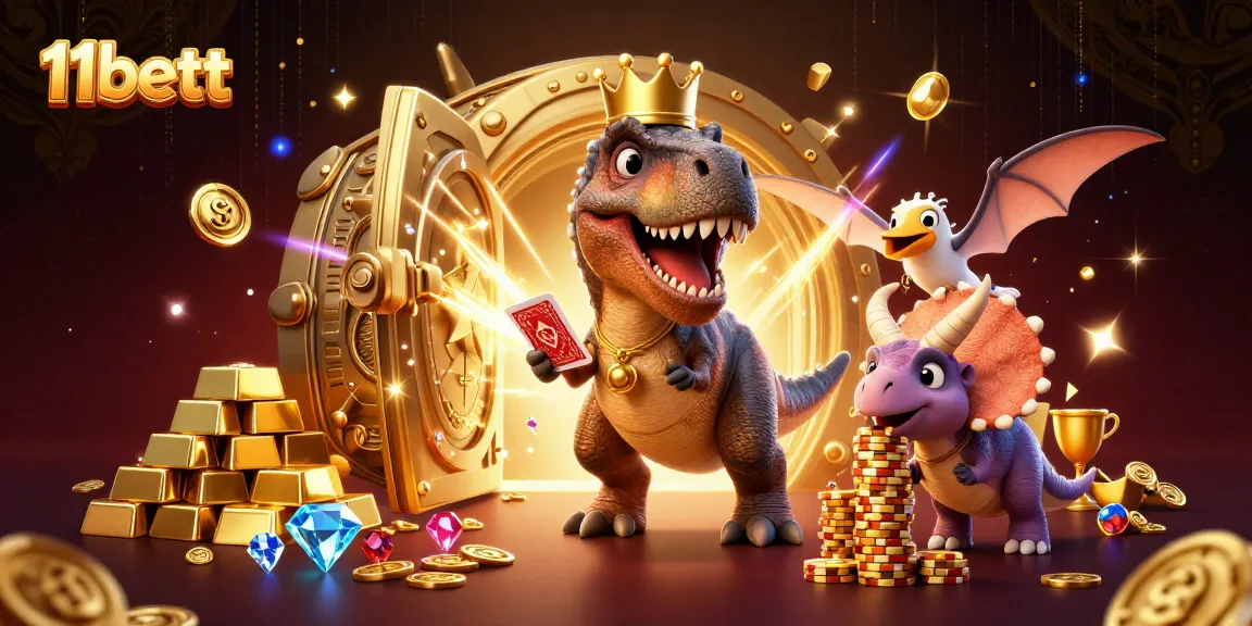 Engage with 11bett's colorful casino adventure featuring T-Rex and friends amidst golden treasures.
