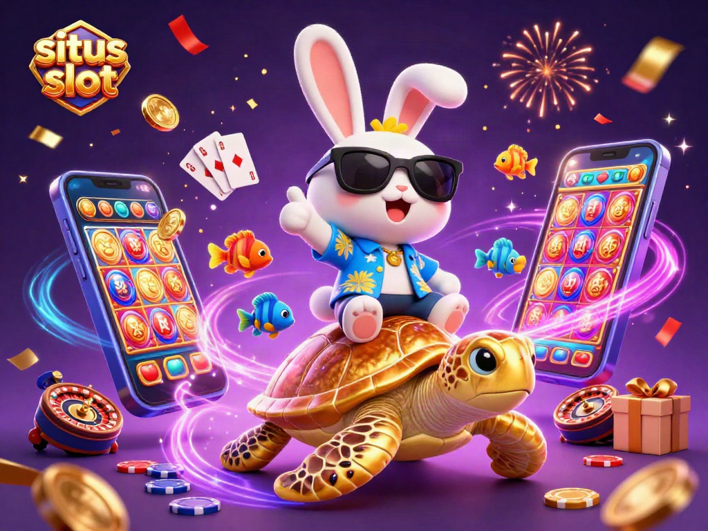Engage with situs slot featuring a lucky rabbit and golden turtle amidst vibrant casino games.