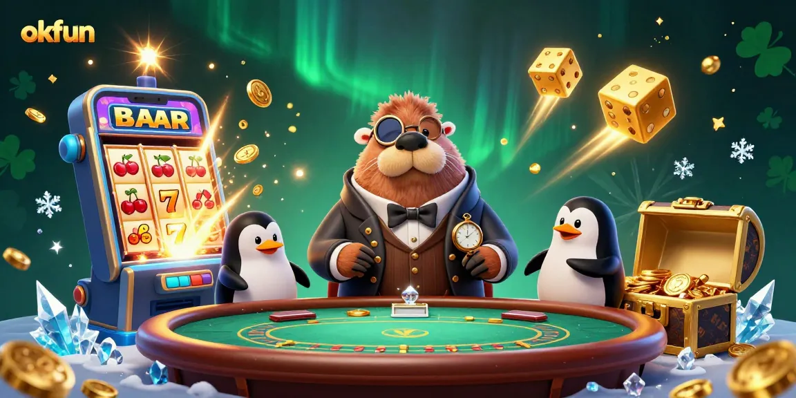 Experience thrilling gameplay at okfun with a lively scene of characters enjoying casino games and big wins.