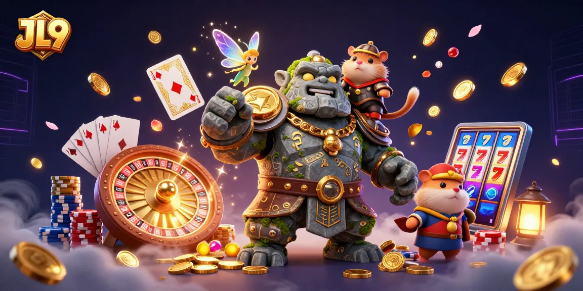 JL9 transforms gaming with a vivid scene of a stone golem guardian, enchanted fairy, and hamster knight amidst casino riches.