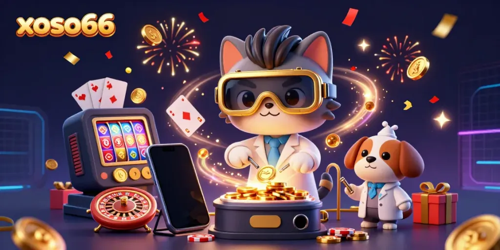 Engage in excitement with xoso66's colorful slot game scene featuring a mad scientist cat and loyal dog surrounded by confetti and golden coins.