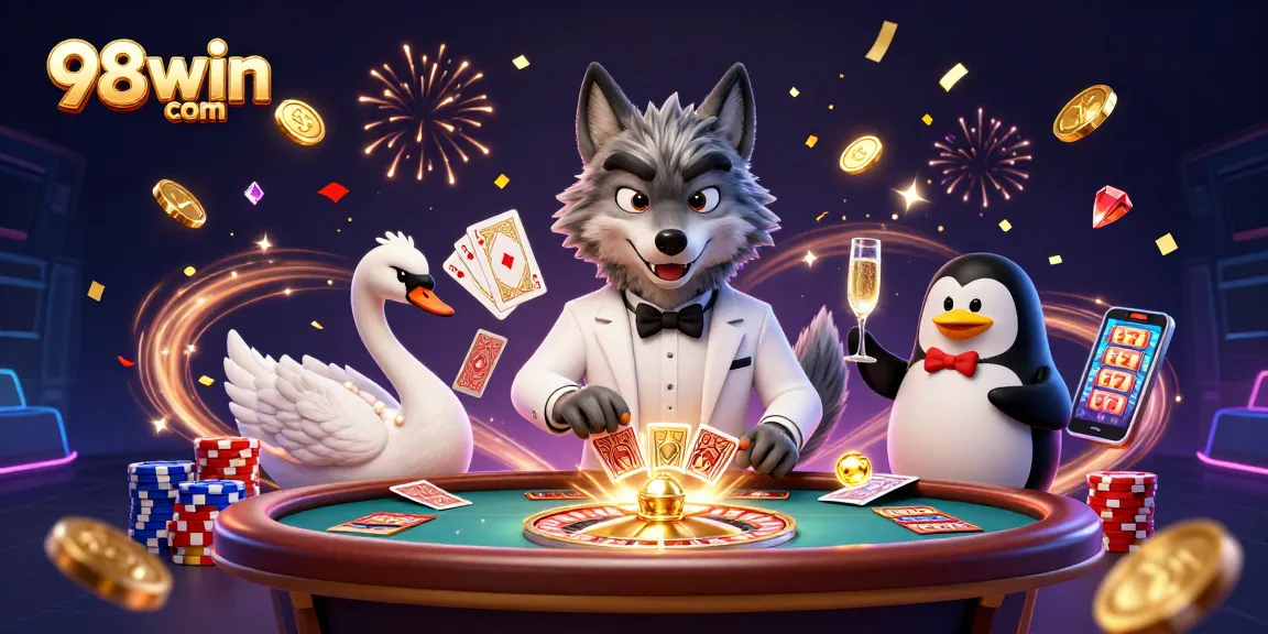 Play exciting games at 98win com with a lively scene featuring a wolf and friends celebrating at a busy casino table.