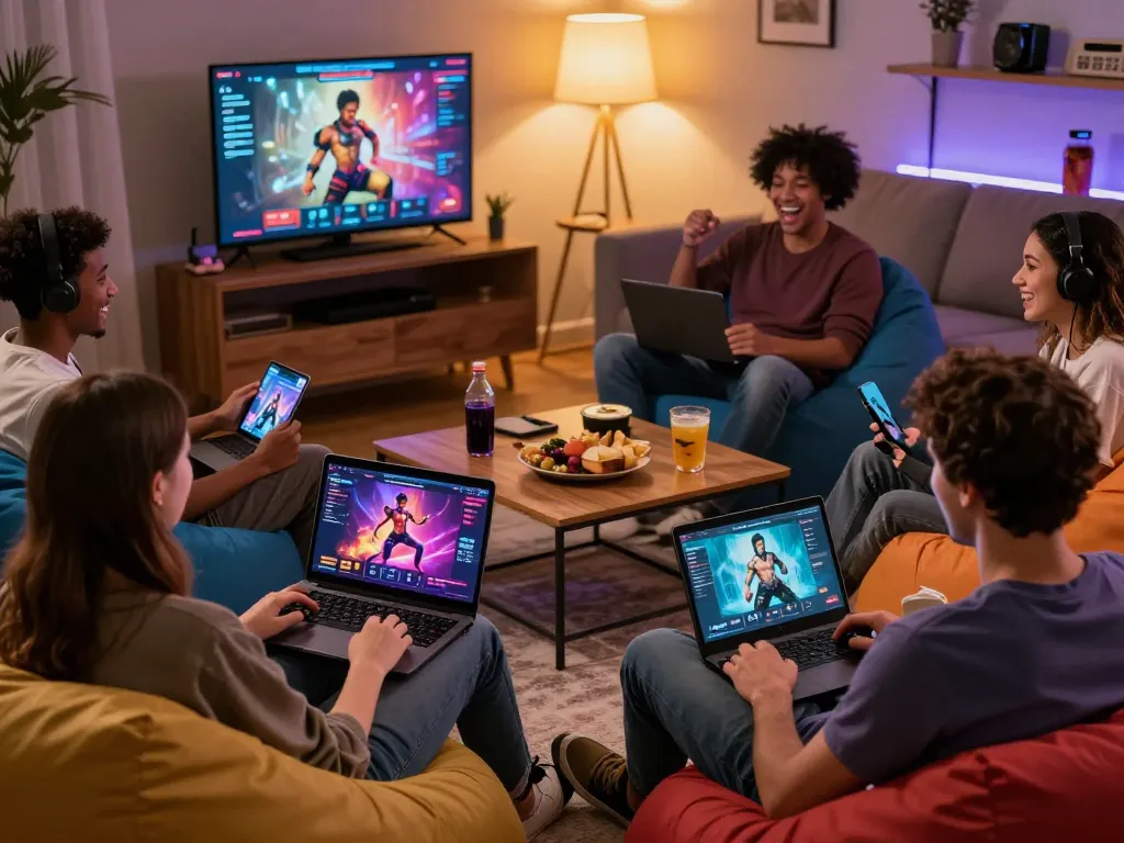 Engaging players enjoying HTML porn games on various devices in a cozy gaming environment.