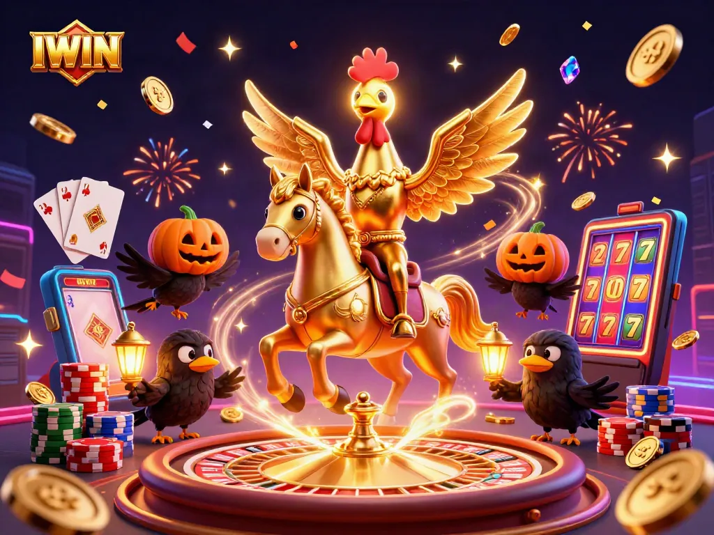 IWIN showcases a vibrant casino scene with golden rooster characters celebrating wins amidst dynamic gaming elements.