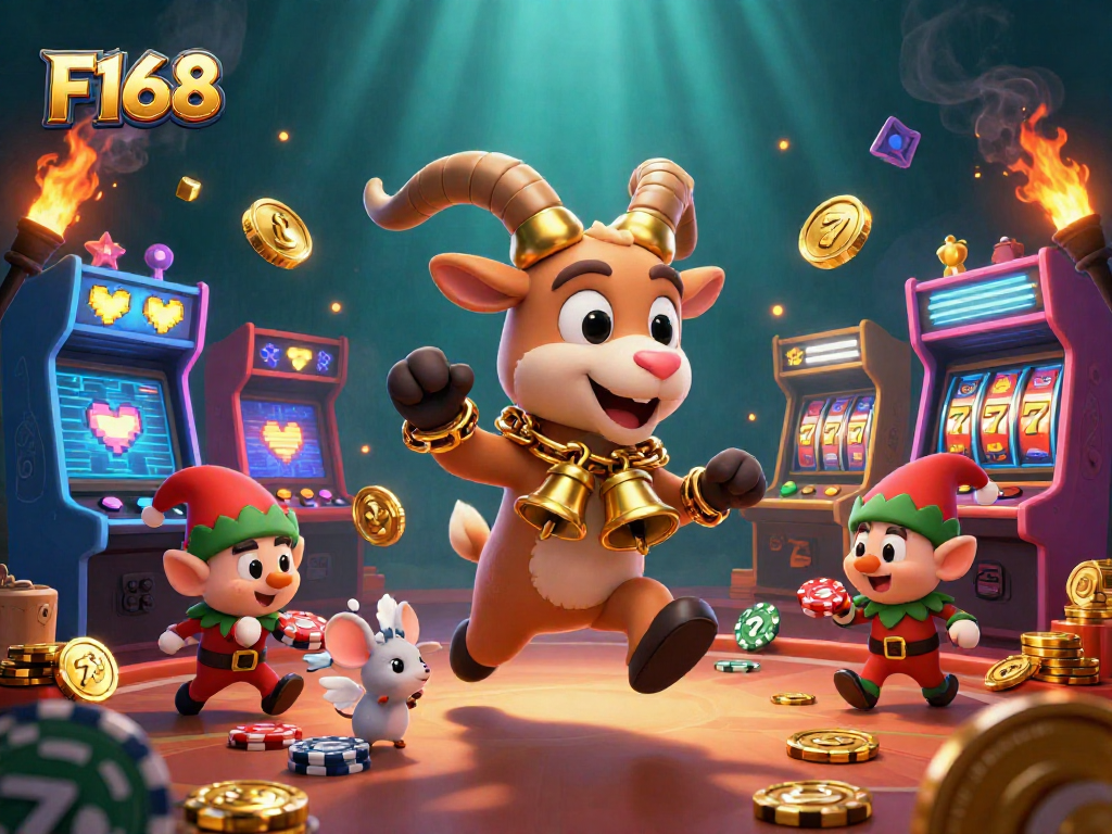 F168 showcases thrilling casino action with Krampus and playful characters stealing chips, engaging players.