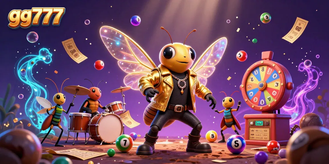 Experience dynamic gaming excitement with gg777 in this vibrant illustration featuring lottery balls and a rock star scene.