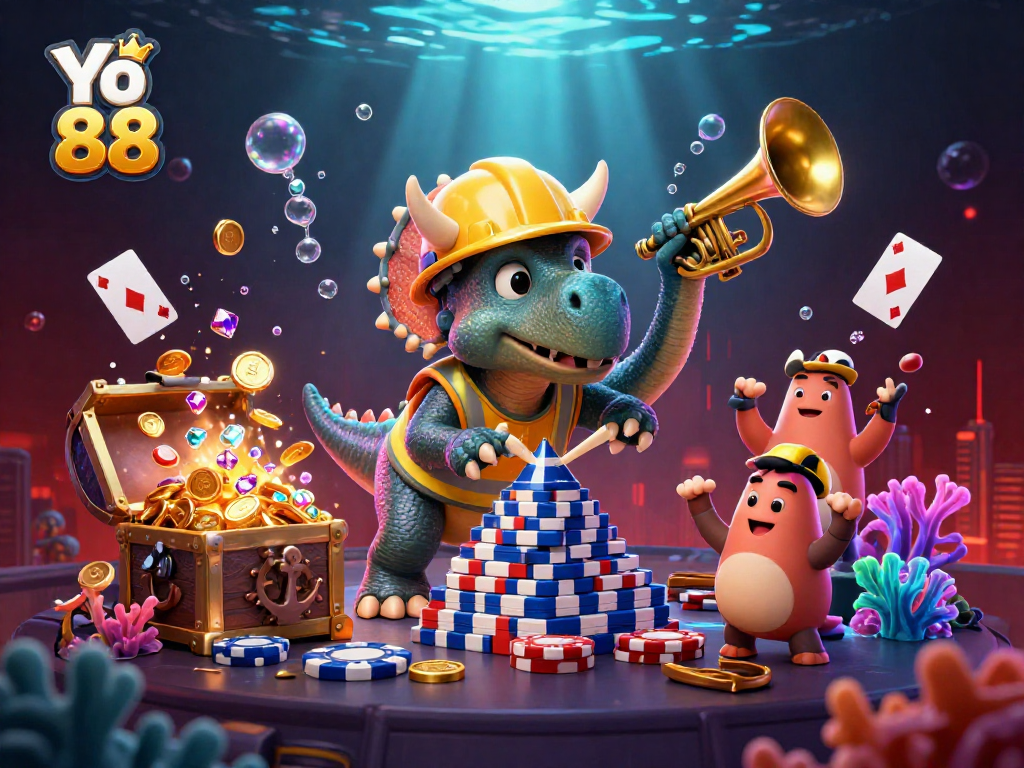 Engage with Yo 88's vibrant casino scene featuring a triceratops and poker chips.