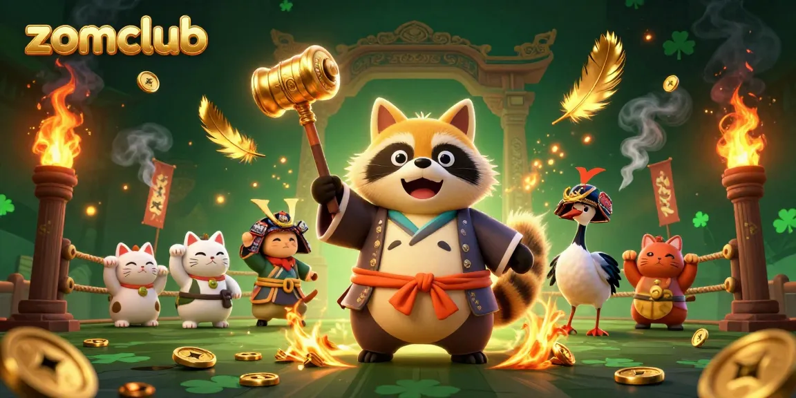 Zomclub features a cheerful tanuki and lucky symbols celebrating online gaming in a vibrant casino scene.