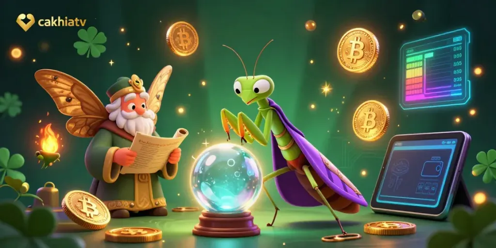 CakhiaTV offers rich animated scenes featuring a praying mantis fortune teller and glowing crypto elements.