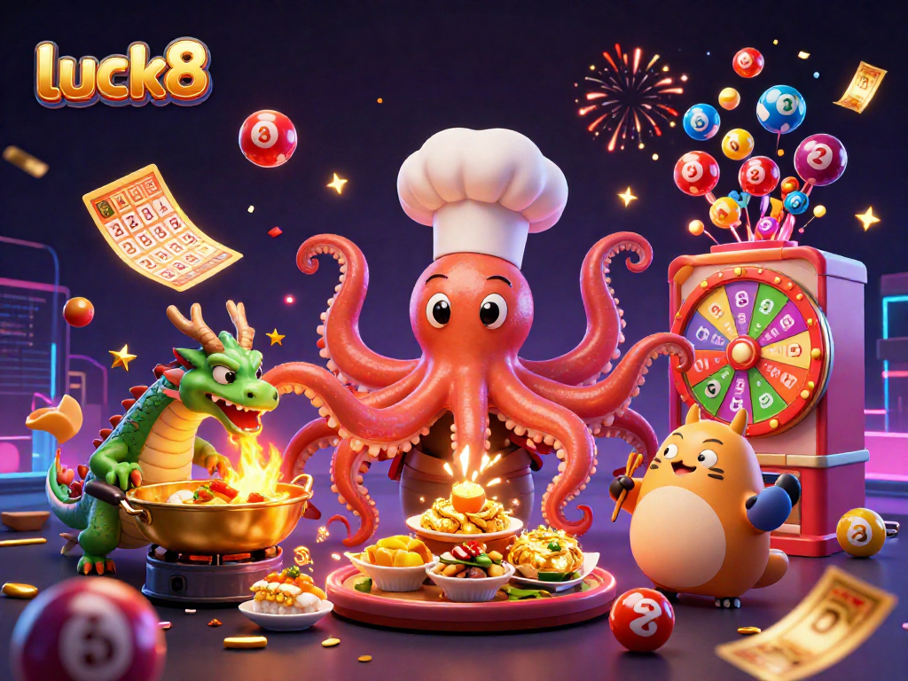 Experience excitement with luck8 as the cartoon octopus chef prepares golden dishes in a vibrant casino scene.