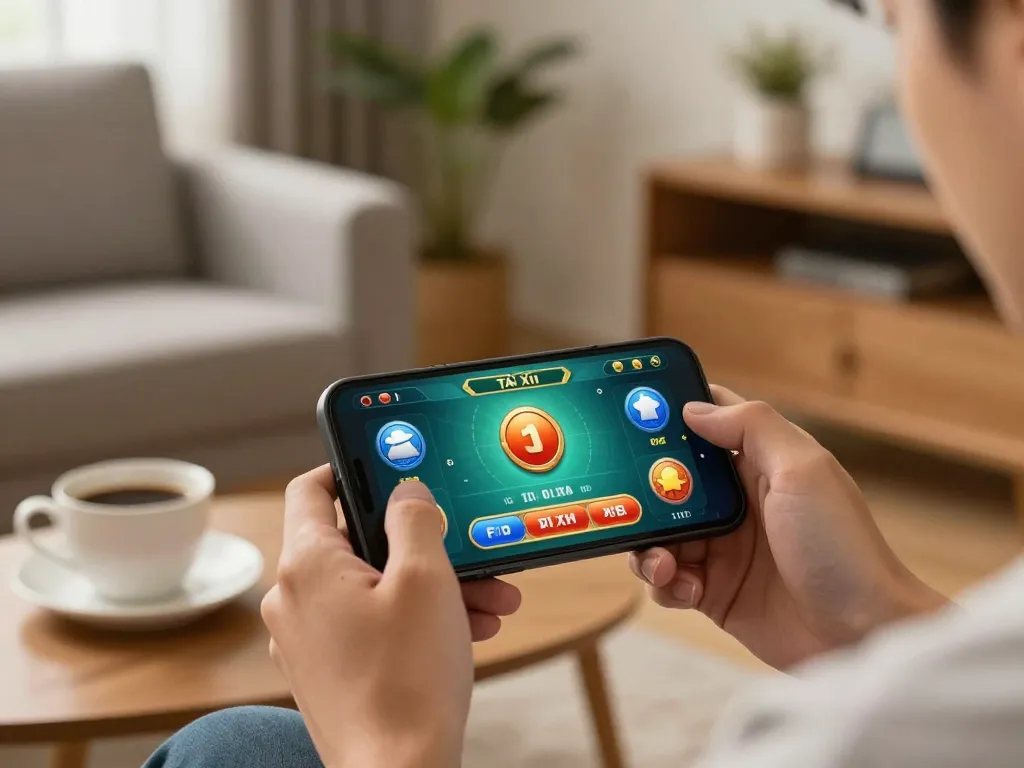 Enjoying app tài xỉu online uy tín on a smartphone in a cozy living room setting