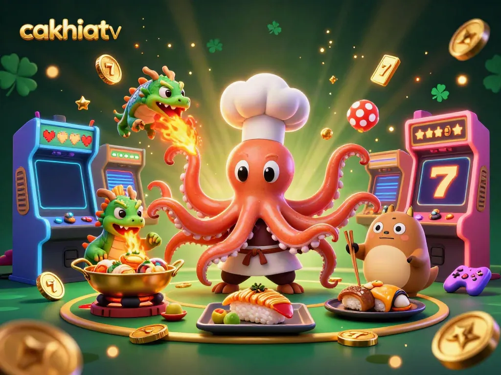 Experience exciting gambling with cakhiatv through vibrant imagery of colorful slots, golden dishes, and lively characters.