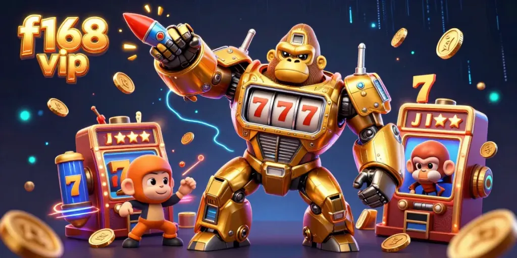 Experience vibrant gameplay with f168 vip, featuring a golden gorilla mech, spinning reels, and dynamic casino elements.