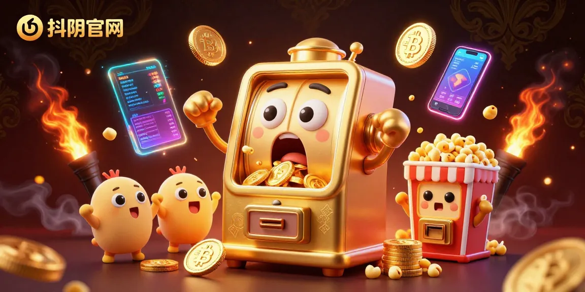 Experience winning excitement at 抖阴官网 with a dynamic casino-themed scene full of golden slot machines and cryptocurrency.