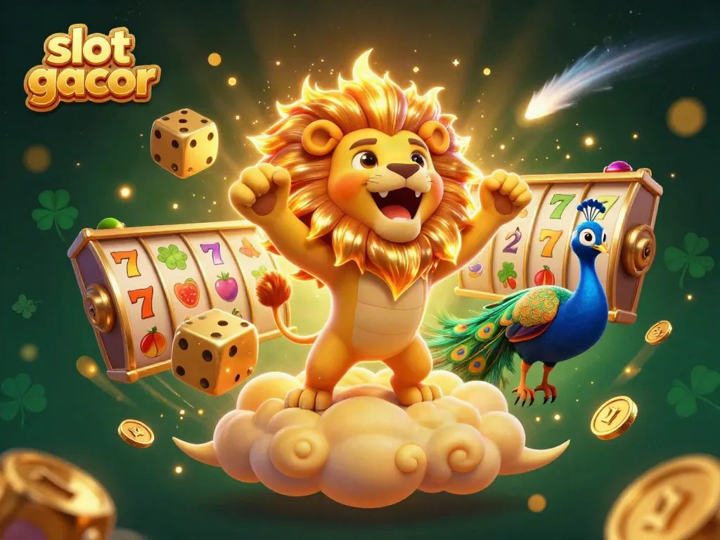 Experience the thrill of slot gacor with a lively 3D scene showcasing vibrant slots and winning symbols.