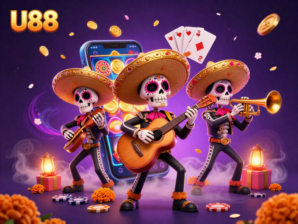 Experience thrilling wins at U88 with a vibrant scene of a mariachi band amidst dynamic casino elements.