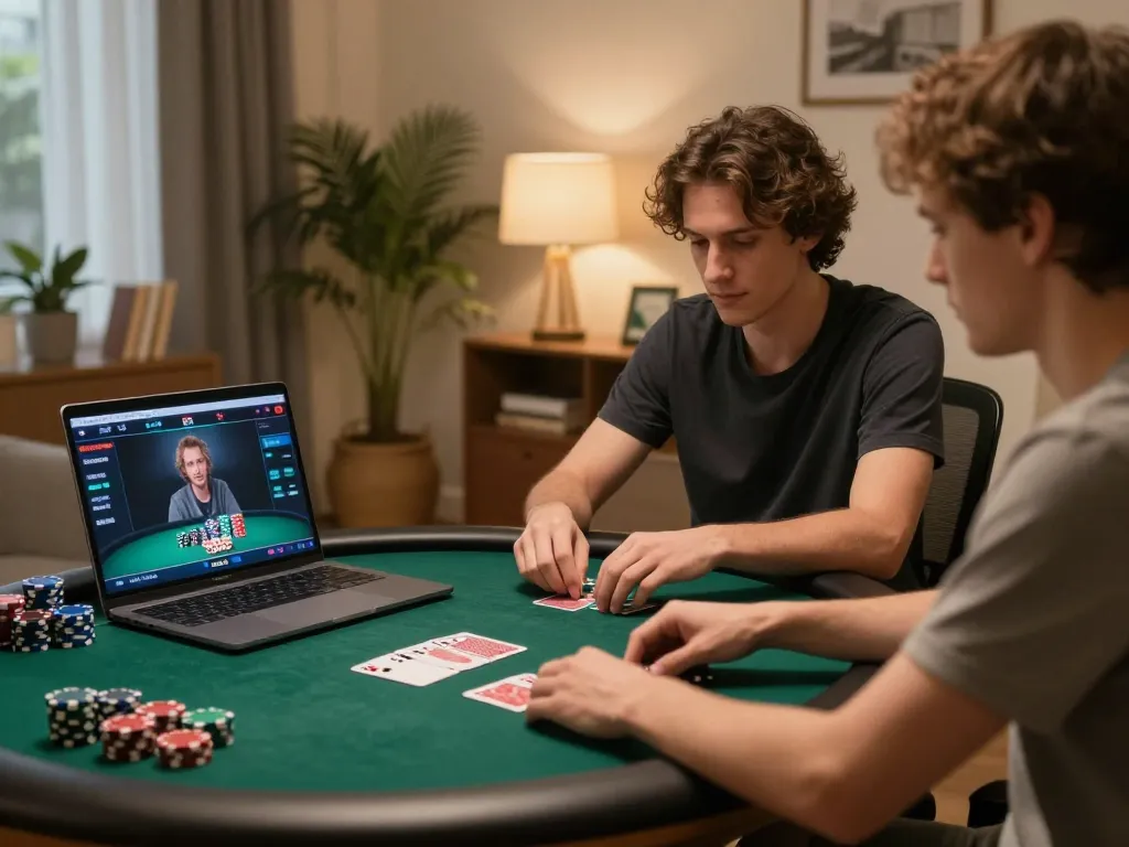 Engaging in an online poker game on a laptop with sun win branding visible on the screen, showcasing strategic gameplay and excitement.
