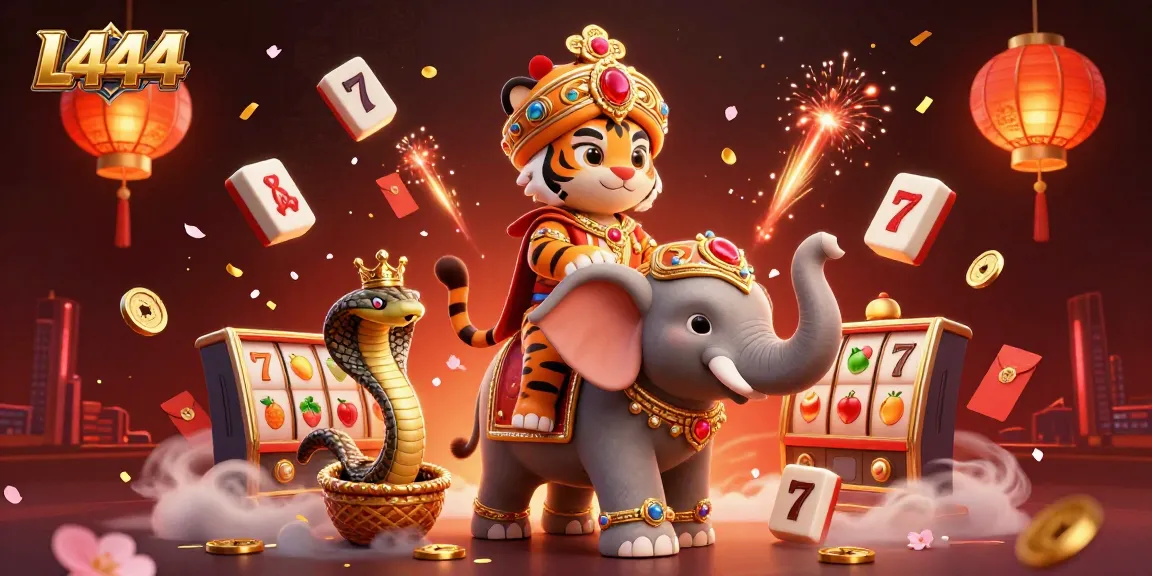 L444 casino illustration showing a maharaja tiger with an elephant in a vibrant gambling scene with gold accents.