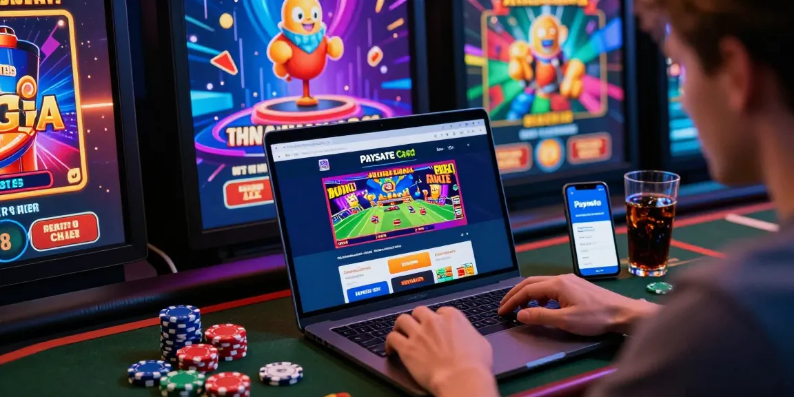 Spieler, der in einem Paysafe Card Casino engagiert ist, präsentiert Spiele auf einem Laptop mit der Paysafe-App auf dem Smartphone