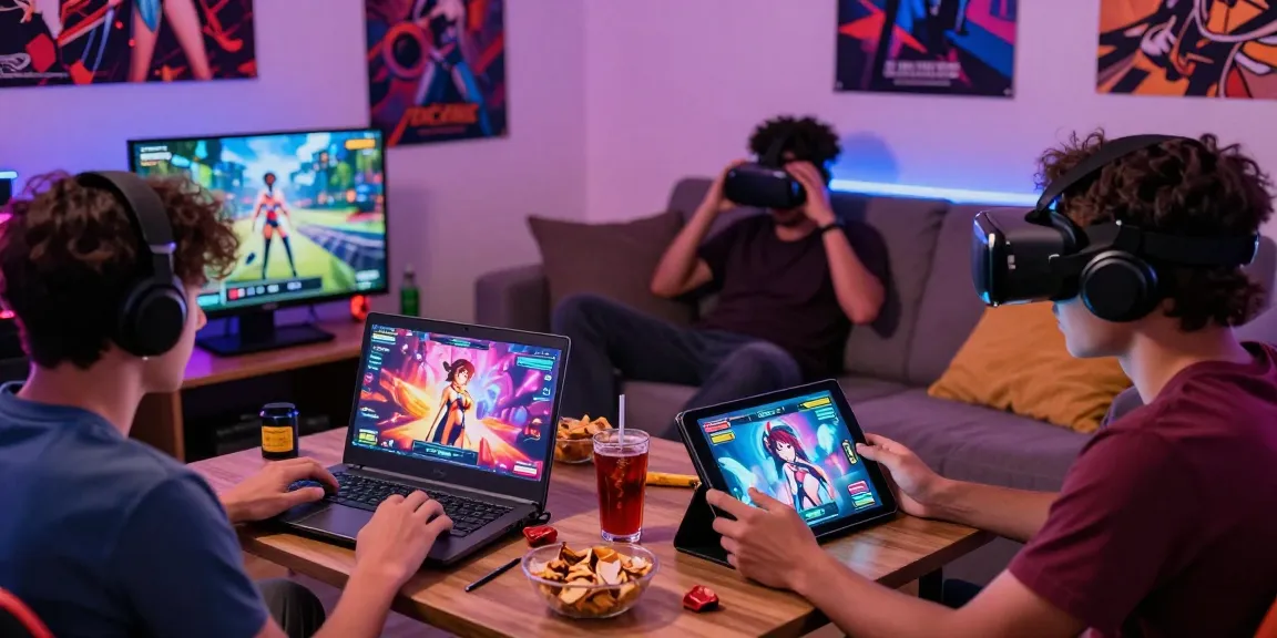 Players actively engaged with real hentai games on laptops and tablets in a vibrant gaming space.