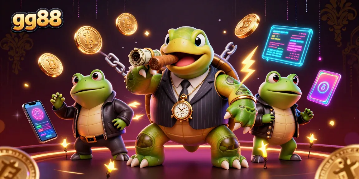 Engage with gg88 gaming action featuring a snapping turtle in a suit and blockchain coins illuminated.