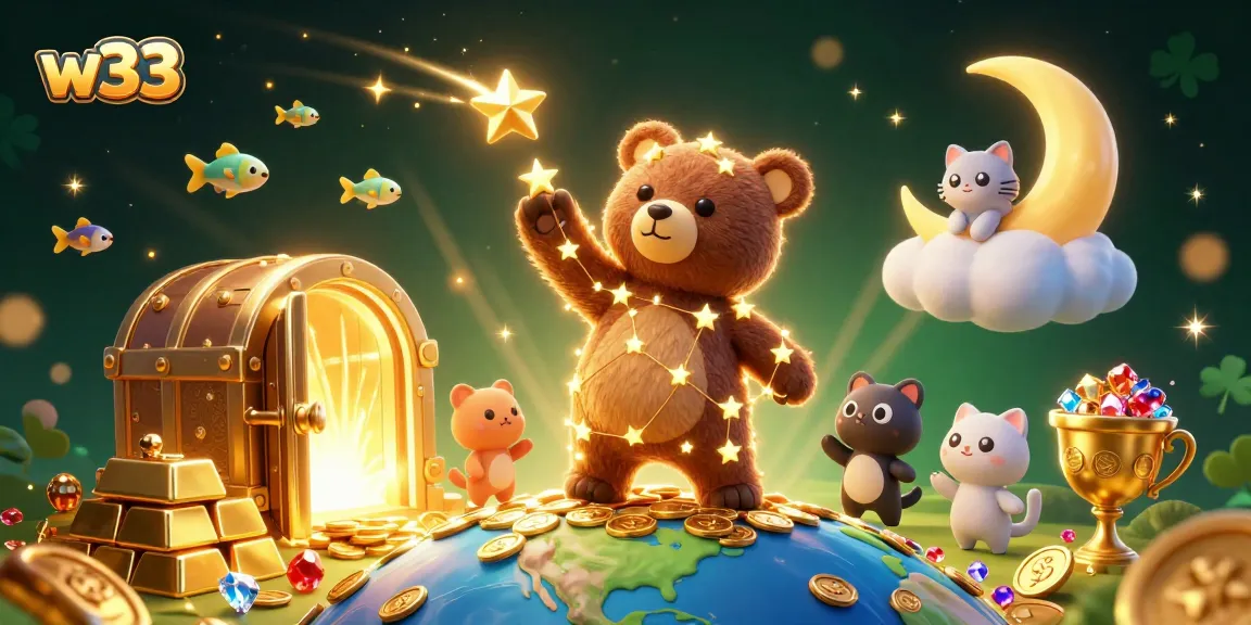 Experience exciting wins at w33 casino with a vibrant illustration of lucky charms and gaming treasures.