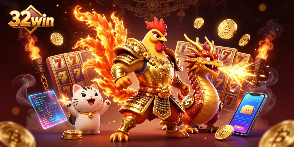 Place bets and win big with 32win's dynamic gaming scene featuring energetic characters and rich casino elements.