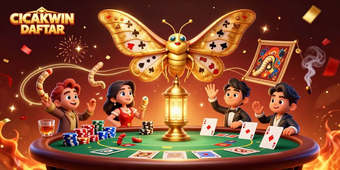 Experience thrilling wins at CICAKWIN DAFTAR with a captivating casino scene featuring a moth and poker elements.